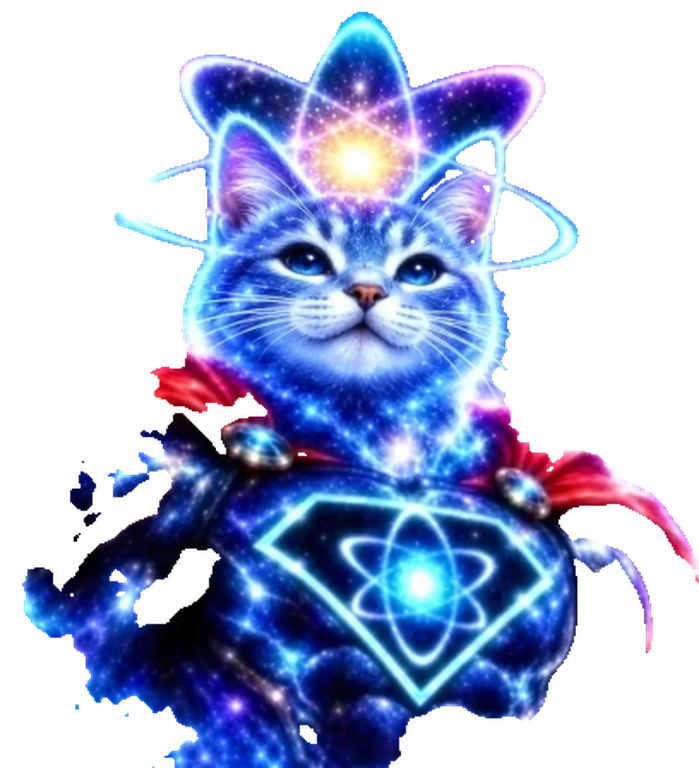 Super Cat, a cosmic blue cat in a red cape with a glowing atom emblem on his chest and orbits circling his head