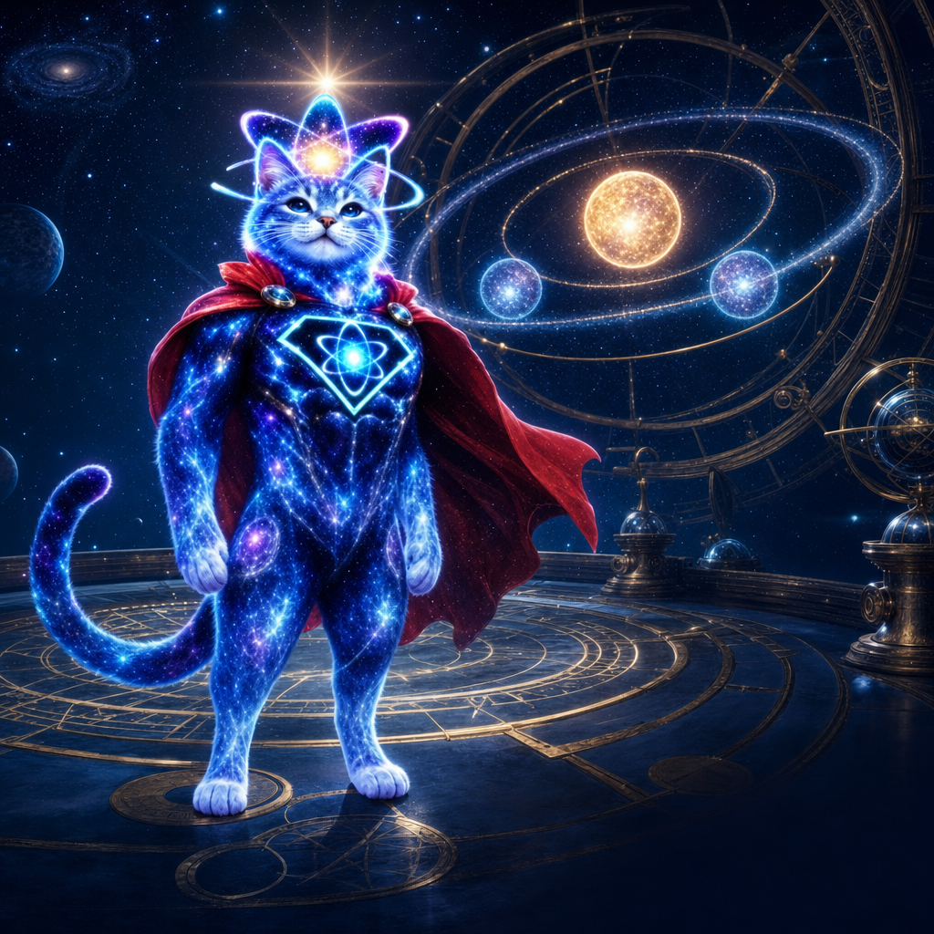 Super Cat standing full length in a cosmic observatory, orbiting planets and brass instruments behind him